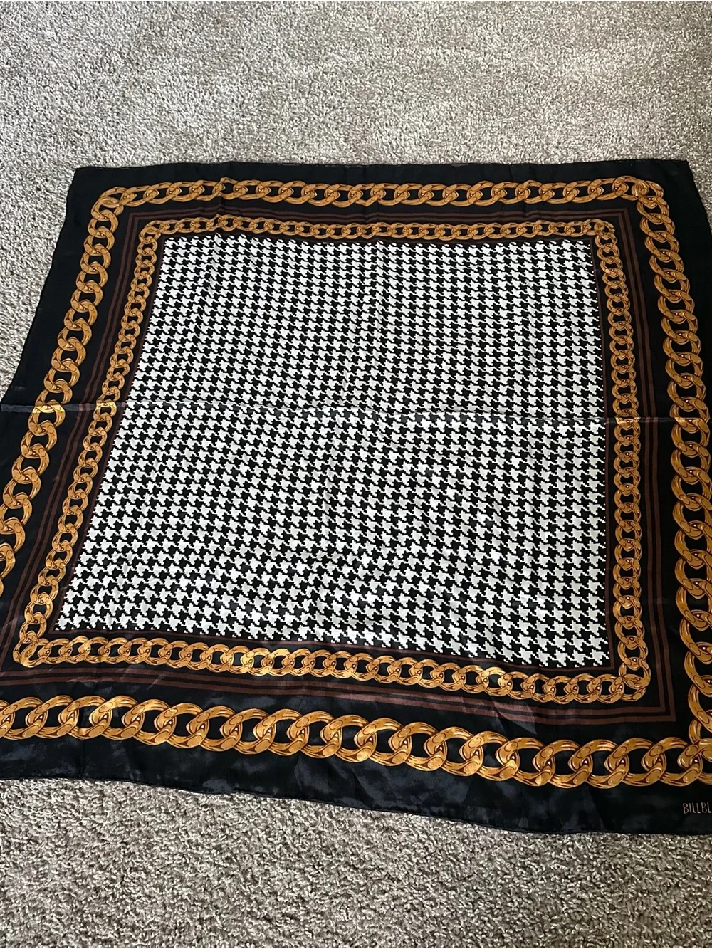 Vintage bill blass Black & Gold Chain Print Silk Scarf with Houndstooth Accent